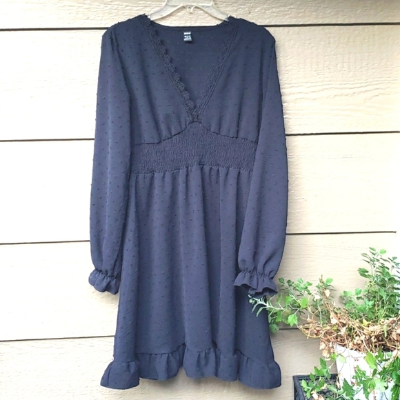 SHEIN Frenchy Swiss Dot Flounce Sleeve Guipure Lace Trim Shirred Dress L - Picture 8 of 14